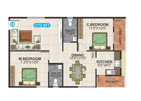 Floor plan of 2 BHK 1172 Sq. Ft. Apartment in SLV Serenity, Bangalore