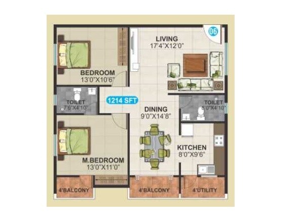 Floor plan of 2 BHK 1214 Sq. Ft. Apartment in SLV Serenity, Bangalore