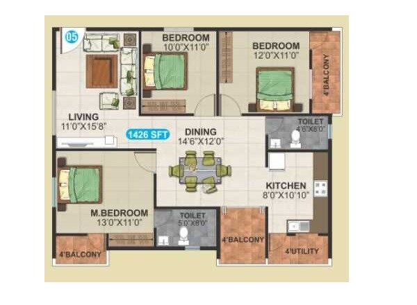 Floor plan of 3 BHK 1426 Sq. Ft. Apartment in SLV Serenity, Bangalore