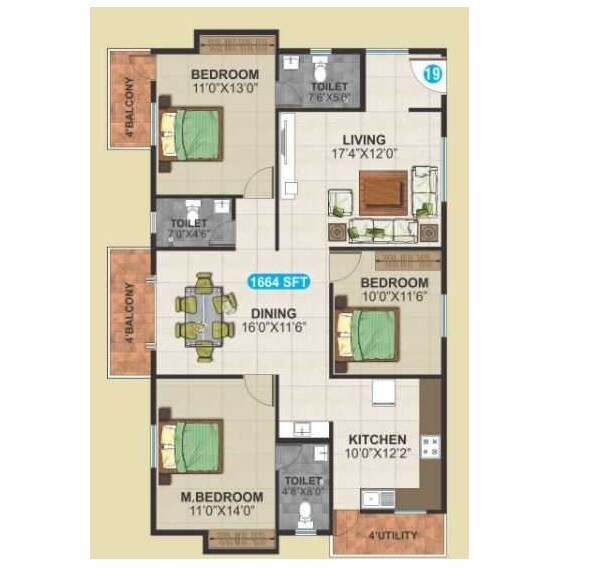 Floor plan of 3 BHK 1664 Sq. Ft. Apartment in SLV Serenity, Bangalore