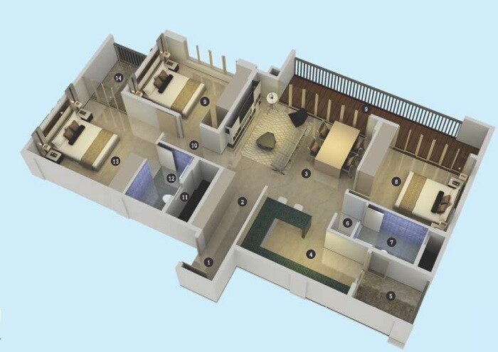 Floor plan of 3 BHK 1654 Sq. Ft. Apartment in SLV Sky Houses, Bangalore
