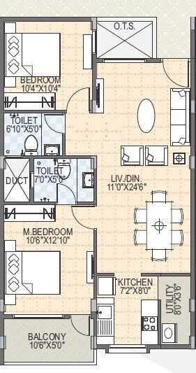 Floor plan of 2 BHK 1143 Sq. Ft. Apartment in SLV Suhas Celestia, Bangalore