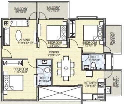 Floor plan of 3 BHK 1215 Sq. Ft. Apartment in SLV Suhas Celestia, Bangalore