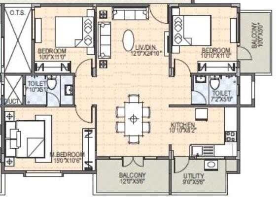 Floor plan of 3 BHK 1465 Sq. Ft. Apartment in SLV Suhas Celestia, Bangalore