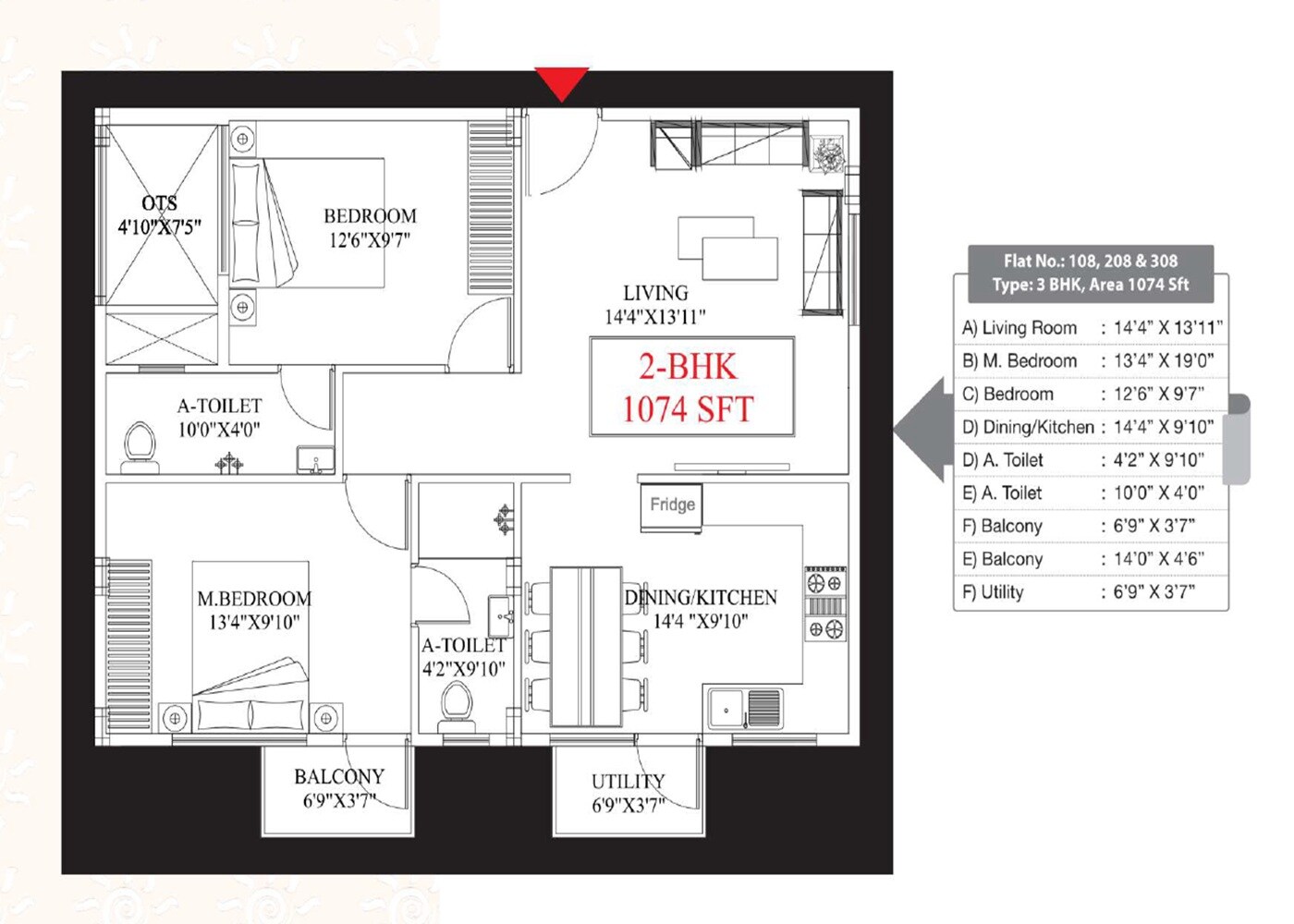 Floor plan of 2 BHK 1074 Sq. Ft. Apartment in SLV Sunshine Jakkuru, Bangalore