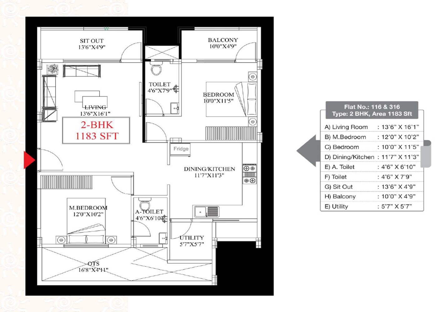 Floor plan of 2 BHK 1183 Sq. Ft. Apartment in SLV Sunshine Jakkuru, Bangalore