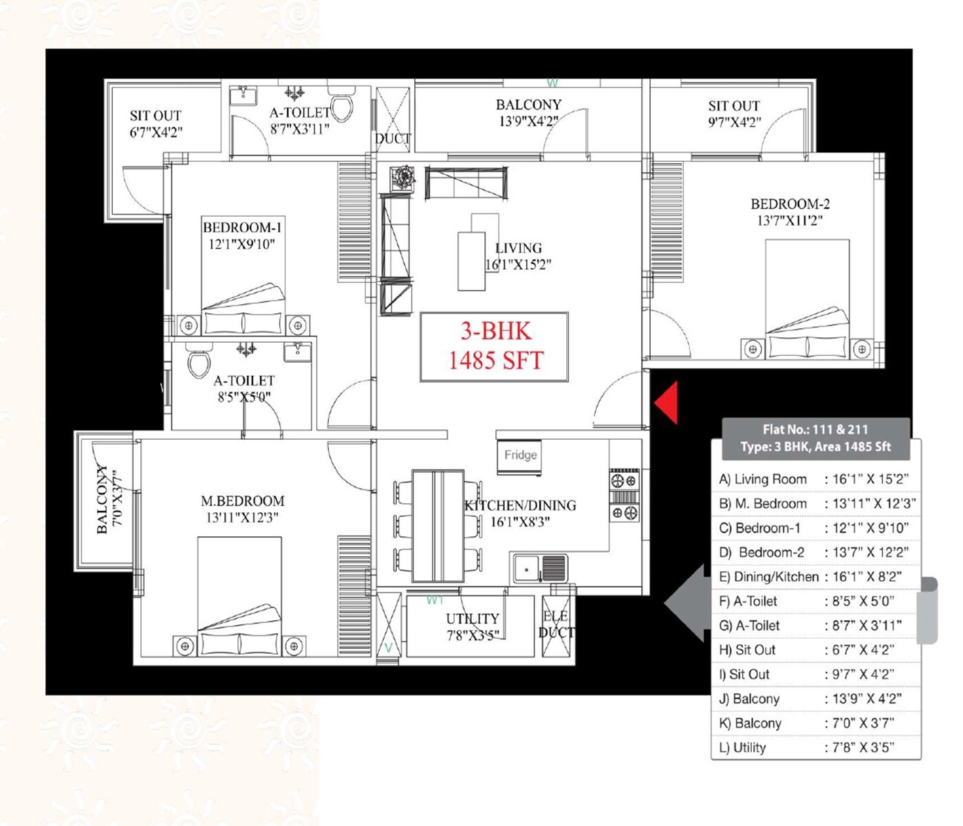 Floor plan of 3 BHK 1485 Sq. Ft. Apartment in SLV Sunshine Jakkuru, Bangalore