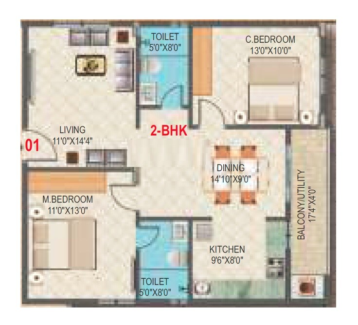 Floor plan of 2 BHK 1022 Sq. Ft. Apartment in SLV Vajra, Bangalore