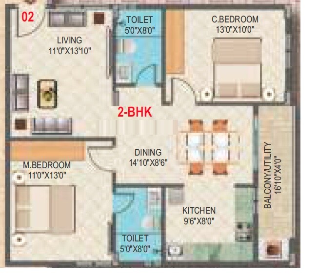 Floor plan of 2 BHK 1130 Sq. Ft. Apartment in SLV Vajra, Bangalore