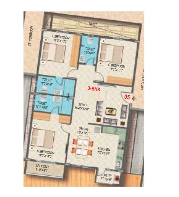Floor plan of 3 BHK 1522 Sq. Ft. Apartment in SLV Vajra, Bangalore