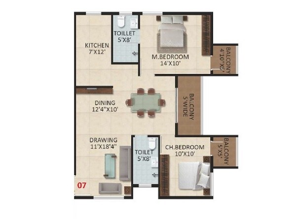 Floor plan of 2 BHK 1182 Sq. Ft. Apartment in SM Art Apartments, Bangalore
