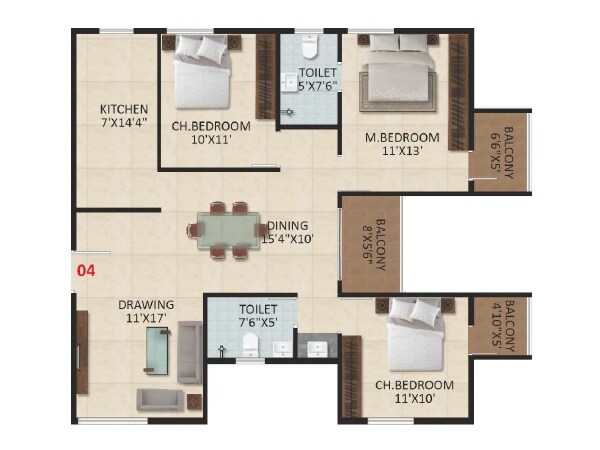 Floor plan of 2 BHK 1444 Sq. Ft. Apartment in SM Art Apartments, Bangalore