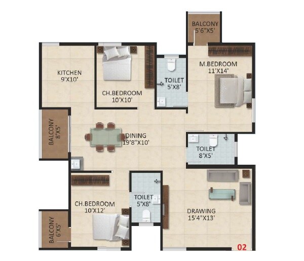 Floor plan of 3 BHK 1560 Sq. Ft. Apartment in SM Art Apartments, Bangalore