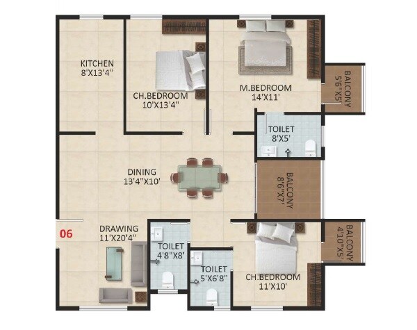 Floor plan of 3 BHK 1607 Sq. Ft. Apartment in SM Art Apartments, Bangalore