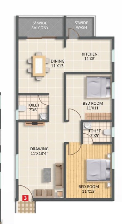 Floor plan of 2 BHK 1270 Sq. Ft. Apartment in SM Gardenia, Bangalore