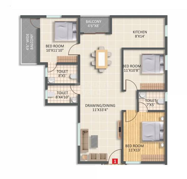 Floor plan of 3 BHK 1500 Sq. Ft. Apartment in SM Gardenia, Bangalore