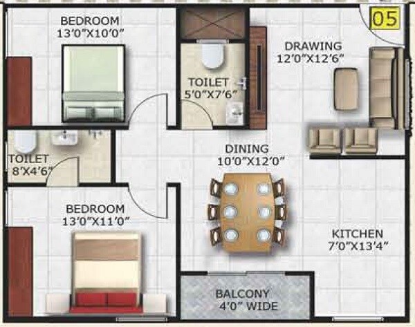 Floor plan of 2 BHK 1040 Sq. Ft. Apartment in SM Zinnia, Bangalore