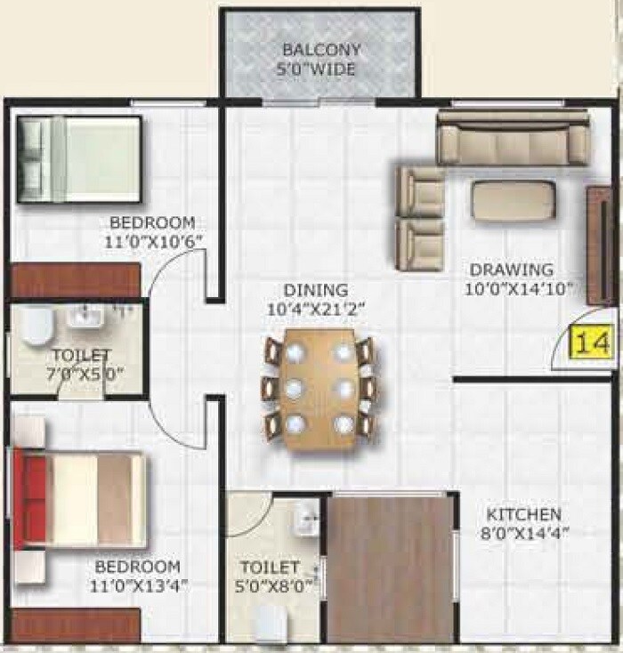 Floor plan of 2 BHK 1225 Sq. Ft. Apartment in SM Zinnia, Bangalore