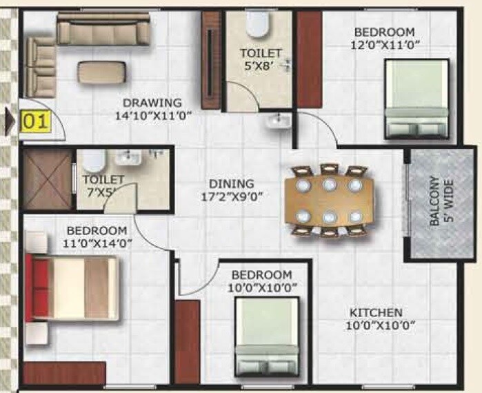 Floor plan of 3 BHK 1300 Sq. Ft. Apartment in SM Zinnia, Bangalore