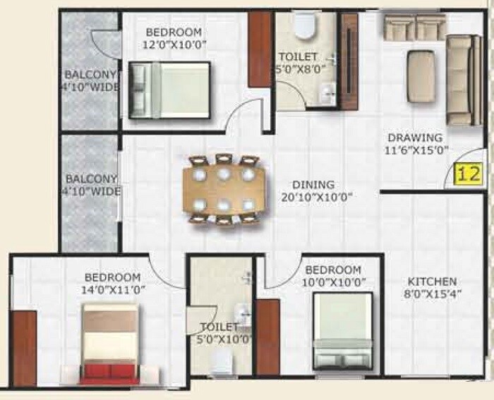 Floor plan of 3 BHK 1545 Sq. Ft. Apartment in SM Zinnia, Bangalore