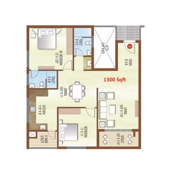 Floor plan of 2 BHK 1300 Sq. Ft. Apartment in SMD Altezz, Bangalore