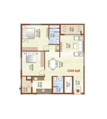Floor plan of 2 BHK 1320 Sq. Ft. Apartment in SMD Altezz, Bangalore