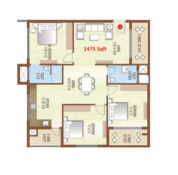 Floor plan of 3 BHK 1475 Sq. Ft. Apartment in SMD Altezz, Bangalore