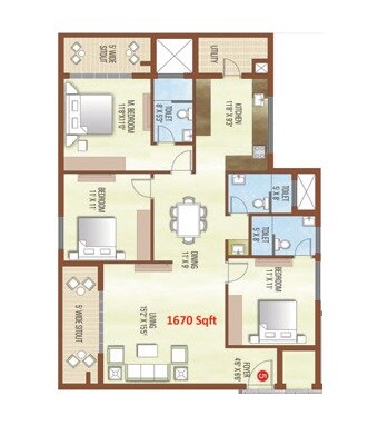 Floor plan of 3 BHK 1670 Sq. Ft. Apartment in SMD Altezz, Bangalore