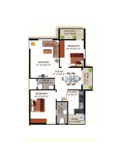 Floor plan of 2 BHK 1025 Sq. Ft. Apartment in SML Iris, Bangalore