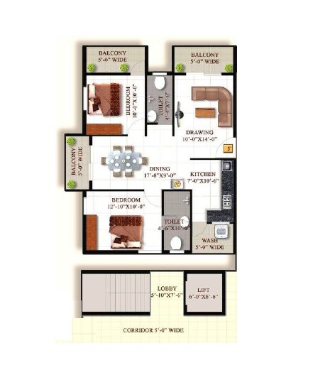 Floor plan of 2 BHK 1080 Sq. Ft. Apartment in SML Iris, Bangalore