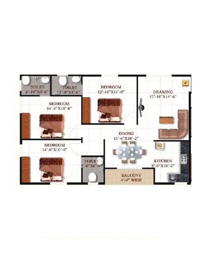 Floor plan of 3 BHK 1180 Sq. Ft. Apartment in SML Iris, Bangalore