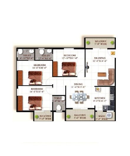 Floor plan of 3 BHK 1230 Sq. Ft. Apartment in SML Iris, Bangalore