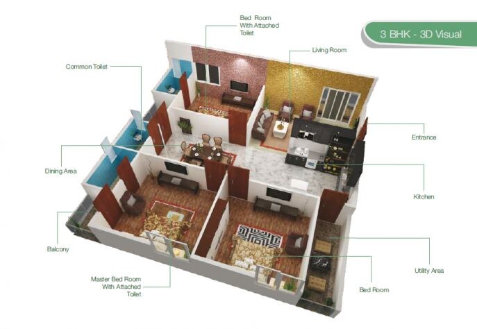 Floor plan of 2 BHK 1150 Sq. Ft. Apartment in SML Maple Tree, Bangalore