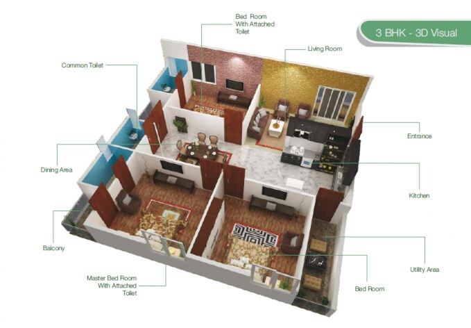 Floor plan of 3 BHK 1595 Sq. Ft. Apartment in SML Maple Tree, Bangalore