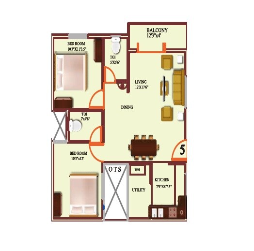 Floor plan of 2 BHK 1025 Sq. Ft. Apartment in SMR Crystal, Bangalore