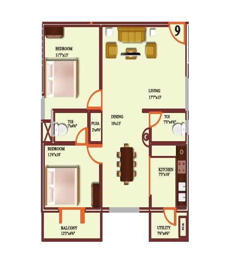 Floor plan of 2 BHK 1220 Sq. Ft. Apartment in SMR Crystal, Bangalore