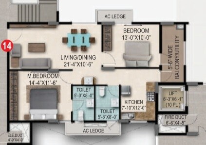 Floor plan of 2 BHK 1235 Sq. Ft. Apartment in SMR Vinay Gateway, Bangalore