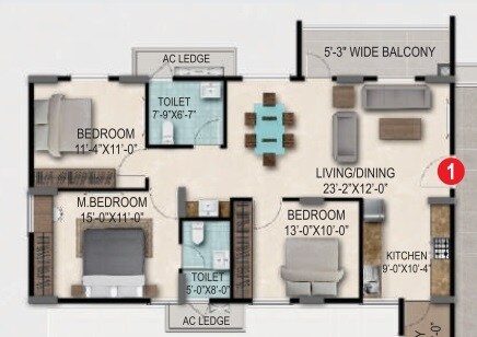 Floor plan of 3 BHK 1715 Sq. Ft. Apartment in SMR Vinay Gateway, Bangalore