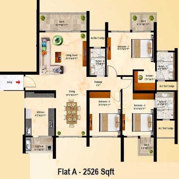 Floor plan of 3 BHK 2526 Sq. Ft. Apartment in SNN Clermont, Bangalore