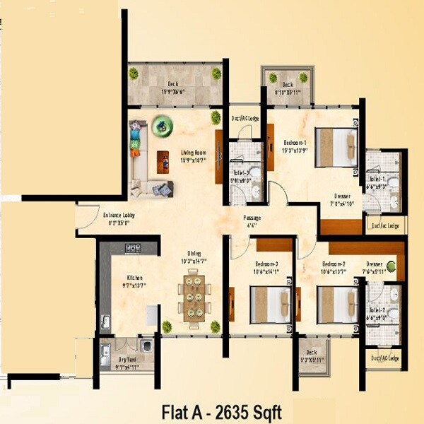 Floor plan of 3 BHK 2635 Sq. Ft. Apartment in SNN Clermont, Bangalore