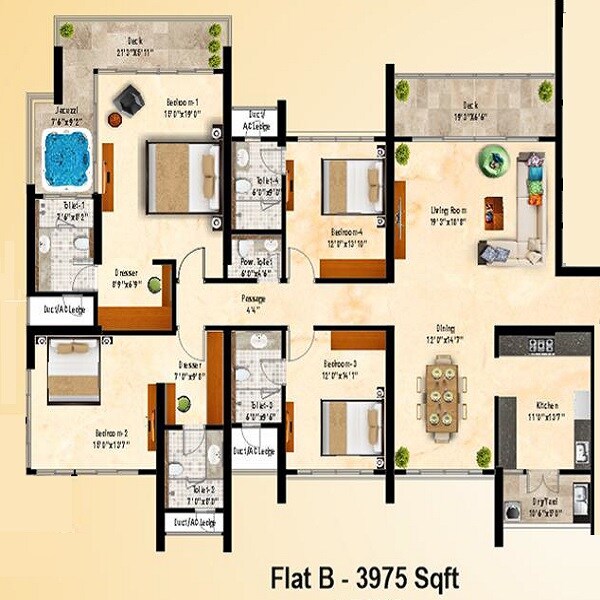Floor plan of 4 BHK 3975 Sq. Ft. Apartment in SNN Clermont, Bangalore