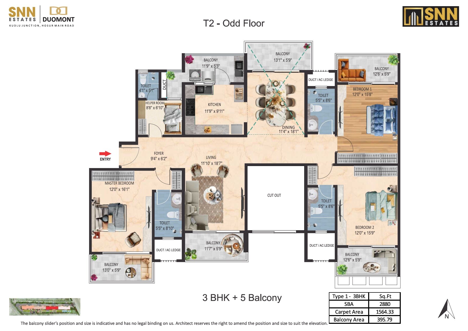 Floor plan of 3 BHK 2830 Sq. Ft. Apartment in SNN Estates Duomont, Bangalore