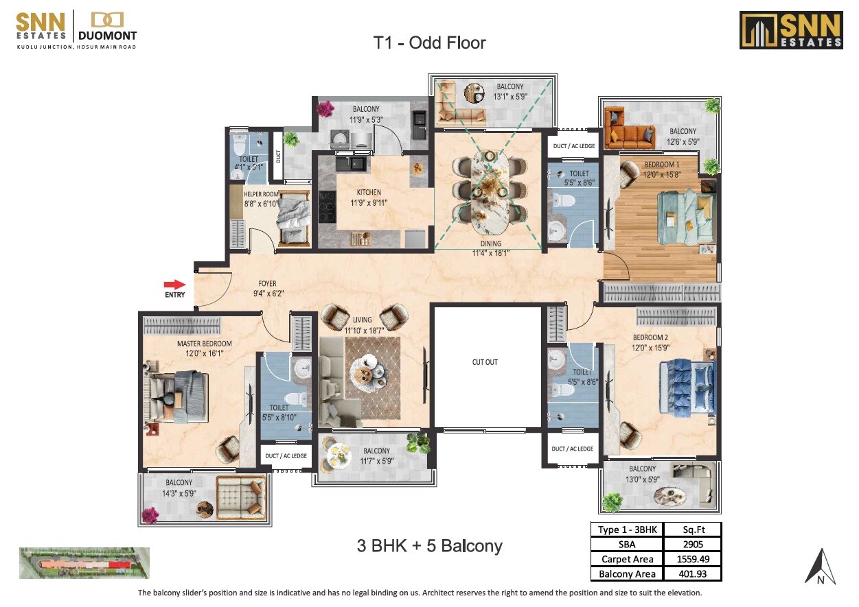 Floor plan of 3 BHK 2905 Sq. Ft. Apartment in SNN Estates Duomont, Bangalore