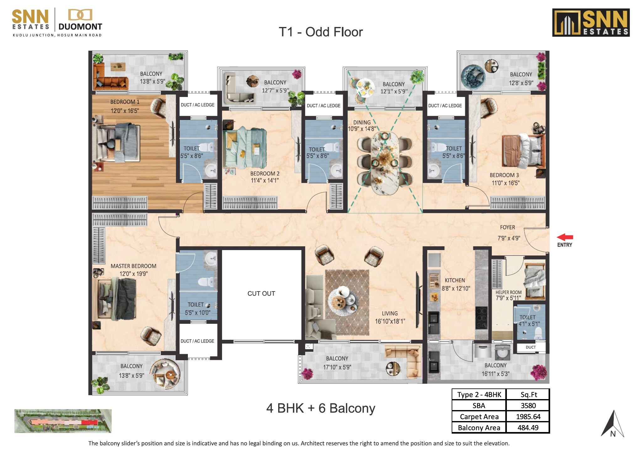 Floor plan of 4 BHK 3580 Sq. Ft. Apartment in SNN Estates Duomont, Bangalore