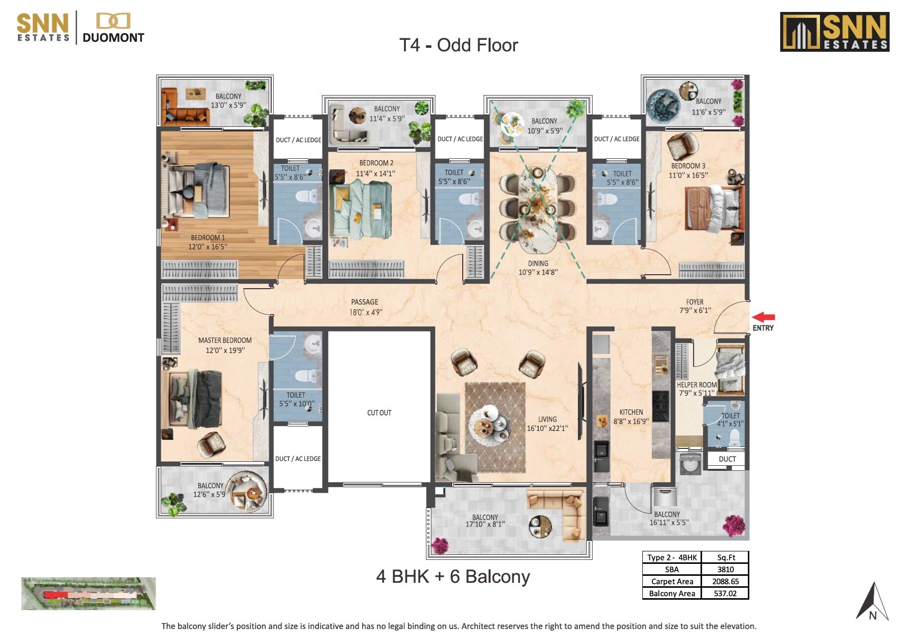 Floor plan of 4 BHK 3810 Sq. Ft. Apartment in SNN Estates Duomont, Bangalore