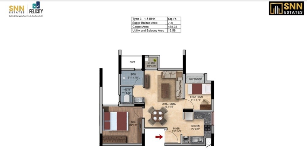 Floor plan of 1 BHK 700 Sq. Ft. Apartment in SNN Felicity, Bangalore