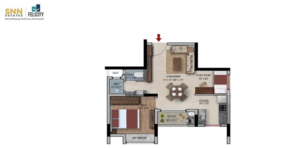 Floor plan of 1 BHK 715 Sq. Ft. Apartment in SNN Felicity, Bangalore