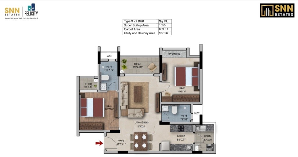 Floor plan of 2 BHK 1055 Sq. Ft. Apartment in SNN Felicity, Bangalore