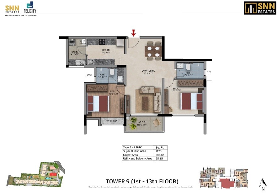 Floor plan of 2 BHK 1120 Sq. Ft. Apartment in SNN Felicity, Bangalore
