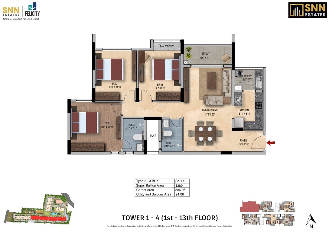 Floor plan of 3 BHK 1380 Sq. Ft. Apartment in SNN Felicity, Bangalore